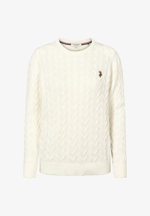 Fehér, kötött mintás, hosszú ujjú pulóver kerek nyakkal és kis hímzett U.S. Polo Assn. logóval a bal mellrészen.