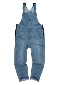 Diga in denim light blu con bretelle regolabili, tasche frontali e vestibilità comoda, caratterizzata da orli risvolti e tasche laterali.