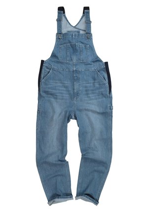 Leren overall in lichtblauw met verstelbare banden, voorkruiszakken en een ontspannen pasvorm, met omgeslagen zomen en zijzakken.