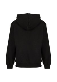 Fekete kapucnis pulóver bordázott mandzsettával és hem, puha tapintással és egyszerű kialakítással, elülső részlet nélkül.