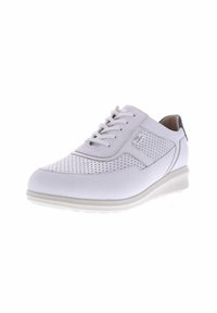 White lace-up shoes featuring a perforated design, smooth texture, rounded shape, and a lightweight wedge sole with a contrasting heel accent.