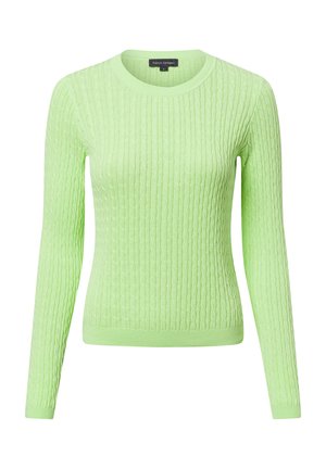 lichtgroene gebreide trui met een gestructureerd kabelontwerp, ronde halslijn en lange mouwen. Geribde manchetten en zoom.