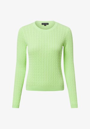 Hellgrüner gestrickter Pullover mit einem strukturierten Zopfmuster, Rundhalsausschnitt und langen Ärmeln. Rippbündchen und Saum.