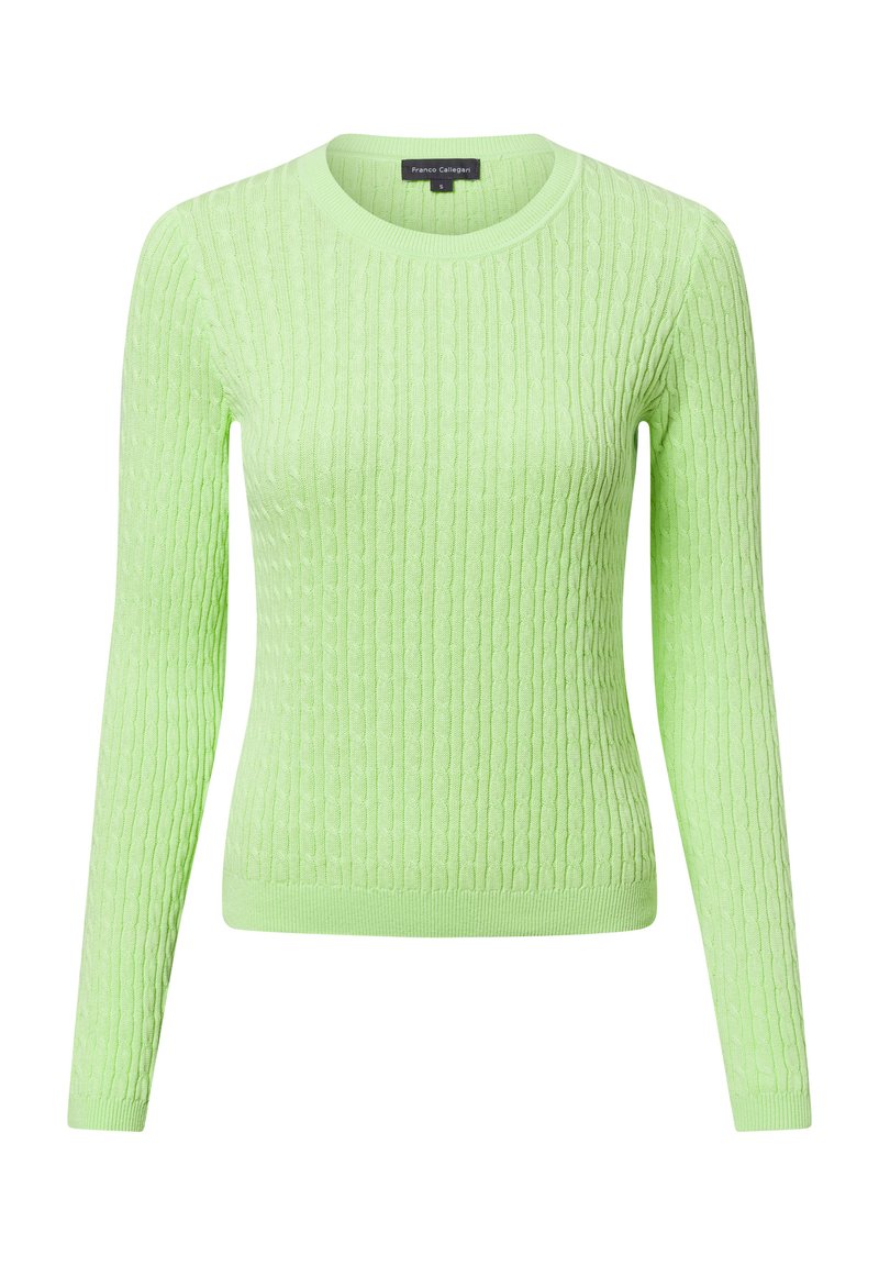 Hellgrüner gestrickter Pullover mit einem strukturierten Zopfmuster, Rundhalsausschnitt und langen Ärmeln. Rippbündchen und Saum.