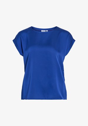 Blaues Satin-Oberteil mit kurzen Ärmeln und rundem Halsausschnitt. Glatte Textur, lockerer Schnitt und gerollte Ärmelverarbeitung. Minimalistisches Design ohne Muster oder Akzente.