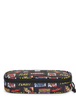 Pencil case with black fabric, featuring colorful comic character prints and text. Rectangular shape with a zip closure and branded tag.
