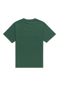 Camiseta de algodón verde con cuello redondo y mangas cortas. Presenta un diseño liso sin patrones ni acentos visibles en la parte de atrás.