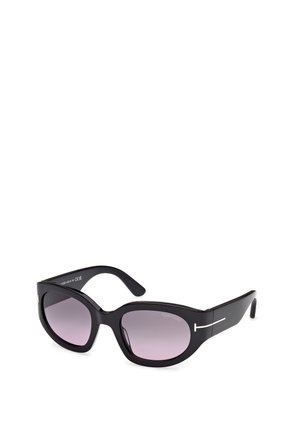 Store sorte oversize solbriller med en blank ramme, gradient lilla linser og en karakteristisk hvid accent på stængerne.