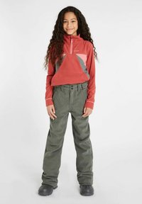 Pullover in pile rosso con zip a metà, dettagli grigi e rosa, abbinato a pantaloni in velluto a coste verde scuro. La texture è morbida e i pantaloni hanno una vestibilità comoda.