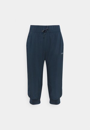 Navyblauwe sportbroek met een elastische tailleband en trekkoord, met taps toelopende pijpen en zijpanelen van gaas voor ventilatie.