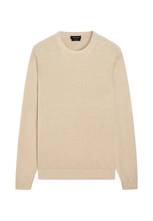 Beiger Langarm-Pullover mit Rundhalsausschnitt, gerippten Bündchen und Saum, flach liegend dargestellt mit sichtbarem Massimo Dutti-Label im Kragen.