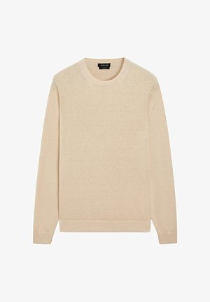 Béžový svetr s dlouhým rukávem a kulatým výstřihem, s žebrovanými manžetami a lemem, zobrazený vleže s viditelnou etiketou Massimo Dutti uvnitř límce.