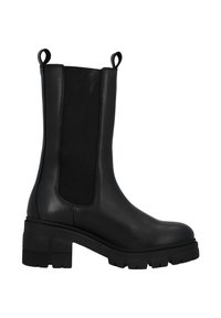 Black leather ankle boot with elastic side panels, pull tabs, chunky rubber sole, and rounded toe design. Textured upper with smooth accents.