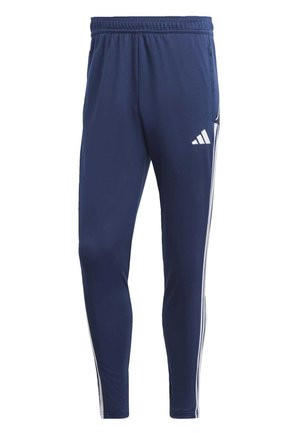 Marineblauwe sportbroek met een elastische tailleband, taps toelopende pasvorm, witte zijstrepen en een klein wit logo op de linker bovenbeen.