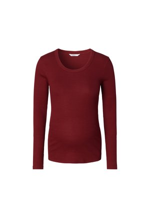 Dames top met lange mouwen, nauwsluitend, effen donkerrood, ronde hals en geribbelde textuur.