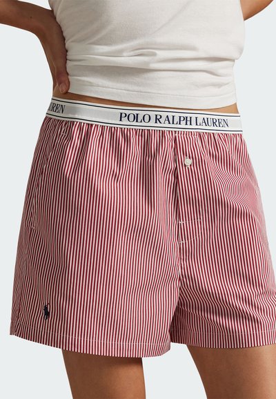 Červené a bílé pruhované bavlněné šortky s elastickým pasem s nápisem "POLO RALPH LAUREN", s jedním knoflíkovým zapínáním a drobným logem.