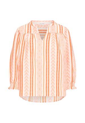 Long-sleeve blouse with vertical peach, orange, and white stripes and geometric patterns, V-neck, and gathered cuffs.