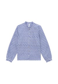 Blusa a fiori blu con maniche lunghe, chiusura frontale a bottoni e scollo arricciato. Presenta polsini elasticizzati e tessuto leggero.