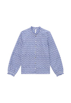 Blusa de patrón floral azul con mangas largas, cierre de botones en la parte delantera y escote fruncido. Presenta puños elásticos y una tela ligera.