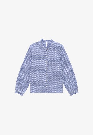 Blouse bleu à motifs floraux avec manches longues, fermeture à boutons sur le devant et décolleté froncé. Dotée de poignets élastiques et d'un tissu léger.
