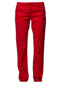 Czerwone bawełniane spodnie o prostym kroju nogawek, z przednimi kieszeniami i gładką fakturą. Posiadają klasyczny pas i subtelne detale przeszyć.