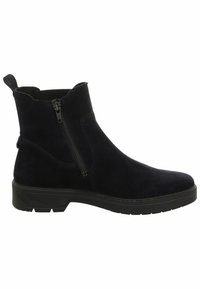 Botas de ante azul marino hasta el tobillo con cremallera lateral, puntera redondeada y suela de goma texturizada. Cuenta con una lengüeta en el talón.