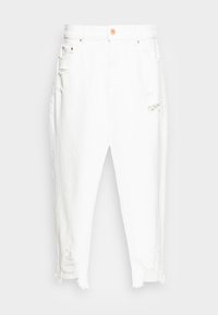 Pantalons en denim blanc à coupe décontractée, avec des accents déchirés, des ourlets effilochés, une fermeture à bouton unique et des poches avant.