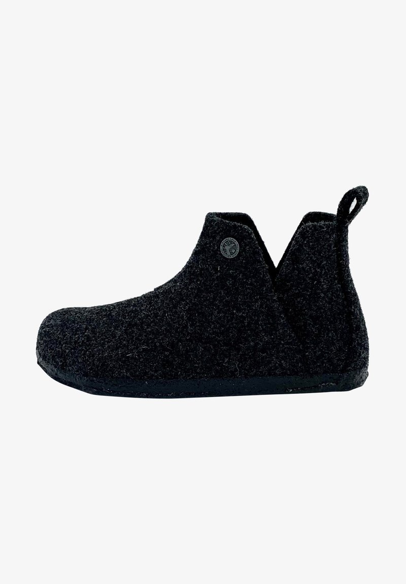 Black felt ankle boot with a textured surface and a looped pull tab at the back, featuring a flat rubber sole.