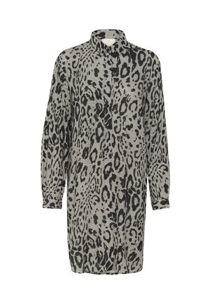 Rochie cămașă cu imprimeu leopard în nuanțe de gri și negru, cu guler, mâneci lungi, închidere cu nasturi în față și croială lejeră. Material texturat.