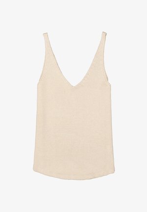 Camiseta de punto beige con un escote en V profundo, tirantes finos y un dobladillo ligeramente curvado. Presenta una tela texturizada y un diseño minimalista.