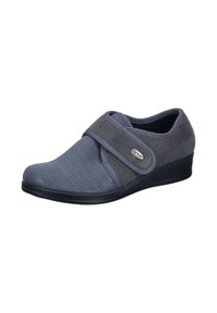 Gray slip-on shoe with a textured mesh upper and a contrasting soft gray strap, featuring a low wedge sole and rounded toe design.