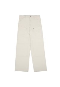 Pantaloni largi de culoare bej deschis, din bumbac, cu buzunare frontale, închidere cu un singur nasture și detalii de cusătură vizibile.