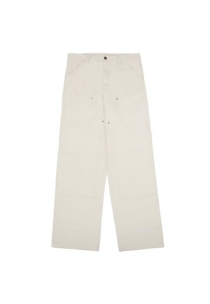 Light beige wide-leg trousers made of cotton, featuring front pockets, a single-button closure, and visible stitching details.