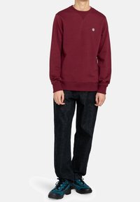 Felpa girocollo bordeaux con polsini e orlo a costine, abbinata a jeans scuri a vestibilità ampia e scarpe sportive blu-neri. Logo semplice sul petto.