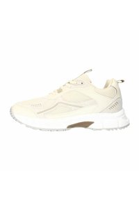 Beige sportschoenen met gaaspanelen, ronde neus, gewatteerde kraag en een dikke witte zool met een lichtbruine accent. Veters en trekhaak zijn inbegrepen.