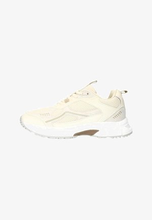Beige athletic shoes with mesh panels, round toe, padded collar, and a thick white sole with a light brown accent. Laces and pull tab included.