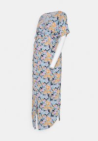 Vestido de maternidade floral com mangas curtas, decote em V profundo e fundo azul-marinho com flores laranjas, rosas e azuis de várias cores.