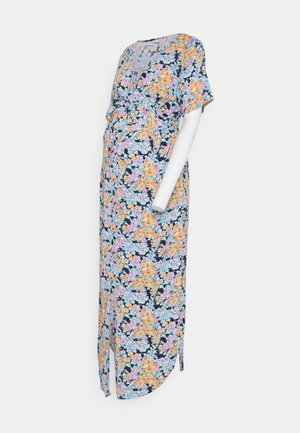 Vestido de maternidade floral com mangas curtas, decote em V profundo e fundo azul-marinho com flores laranjas, rosas e azuis de várias cores.