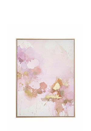 Abstract watercolor painting with pink, purple, and gold splashes in a thin gold frame on a white background.