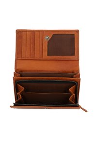 Brown leather wallet open, showing multiple card slots, a transparent ID slot, and a zipped compartment for coins or small items.