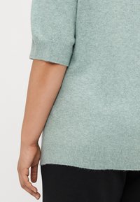 Ανοιχτό πράσινο πλεκτό πουλόβερ με κοντά μανίκια και ριχτό τελείωμα, με απαλή υφή και άνετη εφαρμογή. Συνδυάζεται με μαύρο παντελόνι.