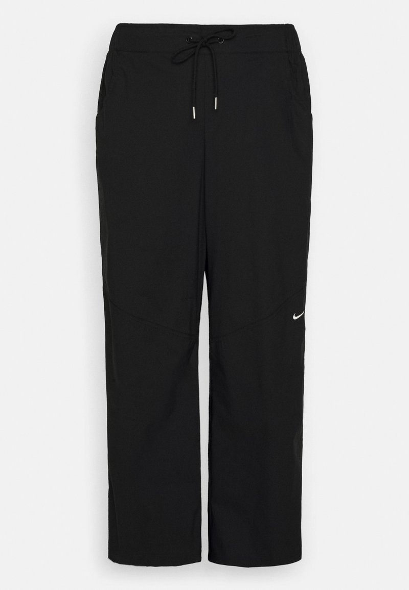 Schwarz gerade geschnittene Sporthose mit Kordelzug im Bund und Seitentaschen, mit einem kleinen weißen Nike-Swoosh am rechten Bein.