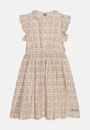 Checkered dress with a ruffled collar, featuring pastel colors, floral patterns, and a gathered waist. Button closures on the front.