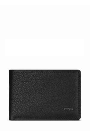 Portefeuille en cuir noir avec une surface texturée, présentant des bords arrondis et une couture minimaliste. Petit logo en relief dans le coin inférieur droit.