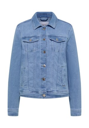 Veste en denim bleu clair avec fermeture à boutons sur le devant, deux poches poitrine à rabat avec boutons et deux poches latérales.