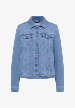 Hellblaue Jeansjacke mit Knopfleiste vorne, zwei Brusttaschen mit Klappen und Knöpfen sowie zwei Seitentaschen.
