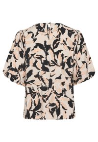 Blusa a maniche corte color beige con un motivo a foglie astratte in nero e pesca, caratterizzata da un dettaglio a chiave sulla schiena e una vestibilità morbida.