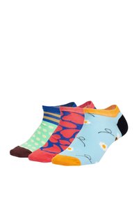Vier Paare bunter Baumwollsocken: mit Punkte-Muster, floralen Mustern und einfarbigen Farben mit kontrastierenden Zehen- und Fersenakzenten, die sich in Design und Farbton unterscheiden.