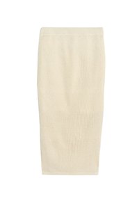 Strikket, cremefarvet nederdel med struktureret mønster og tætsiddende silhuet. Har elastik i taljen for komfort.