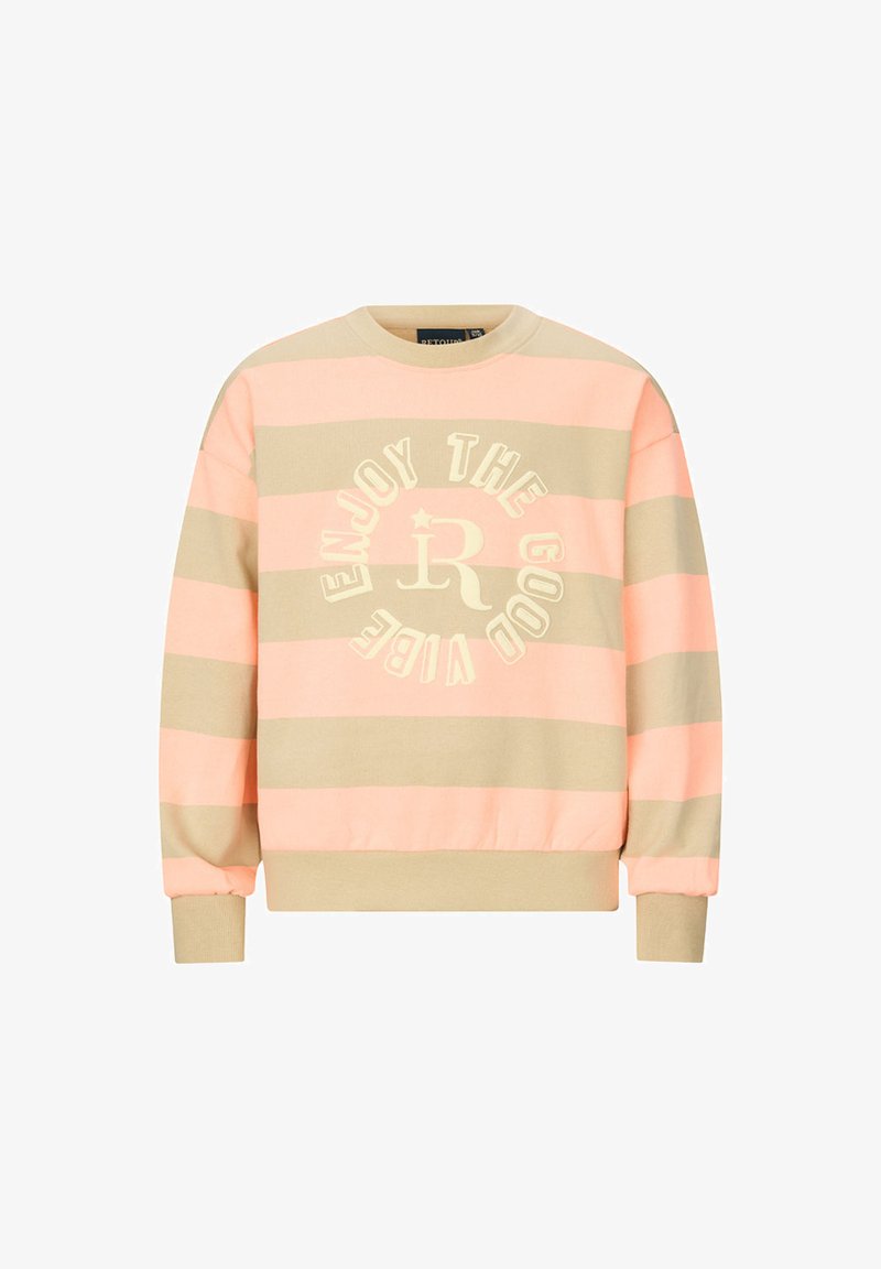 Felpa a righe in pesca e beige, con scollo rotondo, maniche lunghe, polsini a coste e la scritta "ENJOY THE GOOD VIBE" sul davanti.